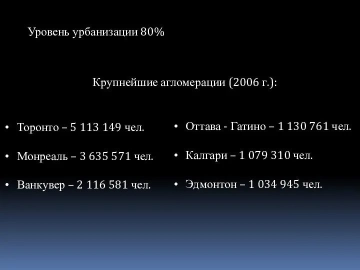 Уровень урбанизации 80% Крупнейшие агломерации (2006 г.): Торонто – 5 113