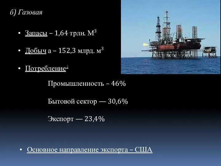 б) Газовая Запасы – 1,64 трлн. М3 Добыч а – 152,3