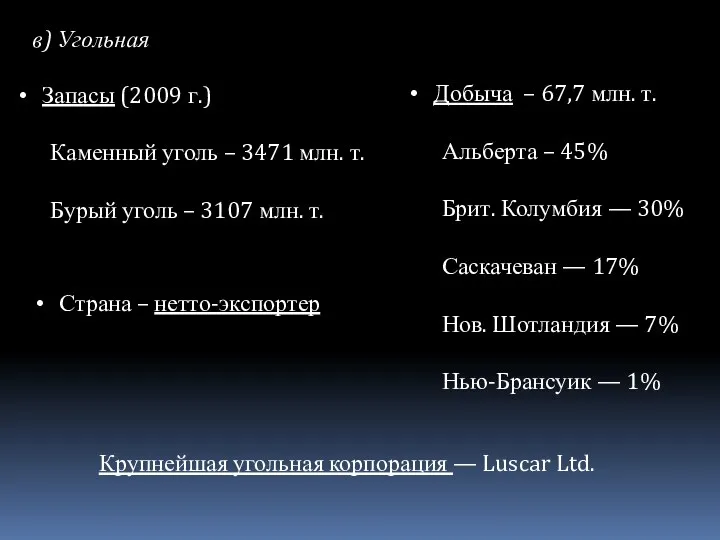 в) Угольная Запасы (2009 г.) Каменный уголь – 3471 млн. т.