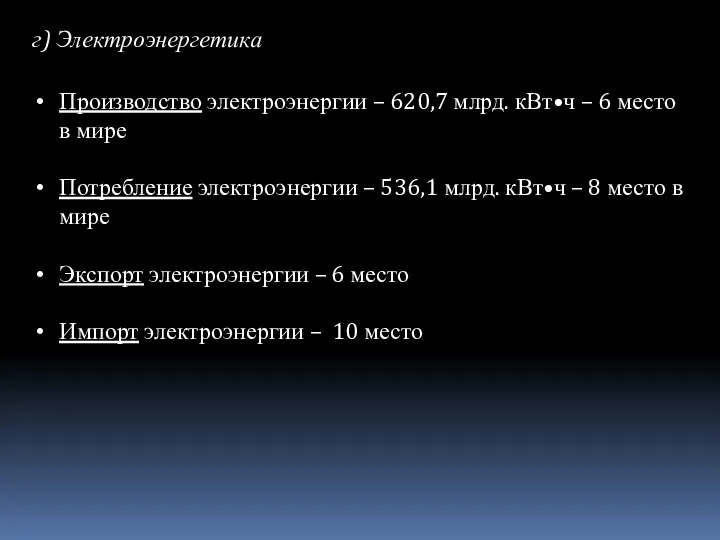 г) Электроэнергетика Производство электроэнергии – 620,7 млрд. кВт•ч – 6 место