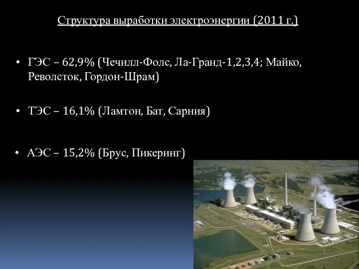 Структура выработки электроэнергии (2011 г.) ГЭС – 62,9% (Чечилл-Фолс, Ла-Гранд-1,2,3,4; Майко,