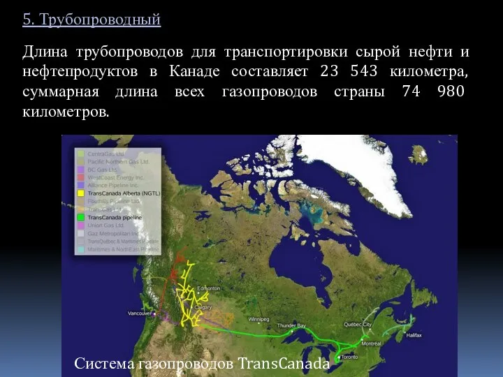 5. Трубопроводный Длина трубопроводов для транспортировки сырой нефти и нефтепродуктов в