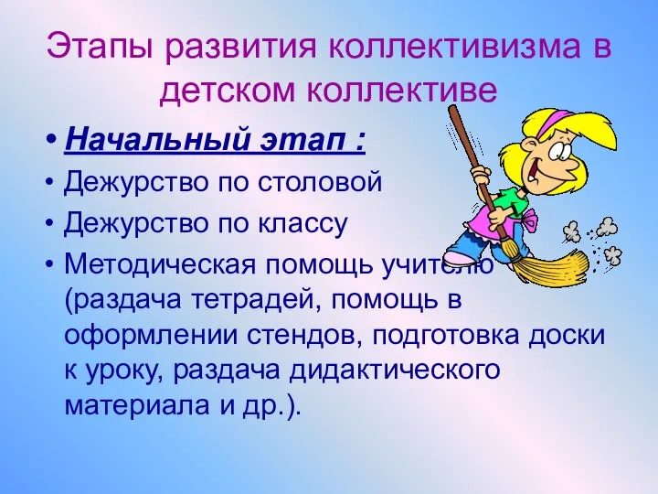 Этапы развития коллективизма в детском коллективе Начальный этап : Дежурство по