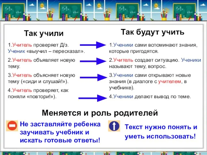 Так учили Так будут учить Не заставляйте ребенка заучивать учебник и