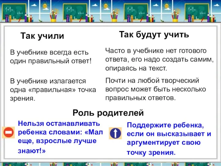 Так учили Так будут учить Нельзя останавливать ребенка словами: «Мал еще,