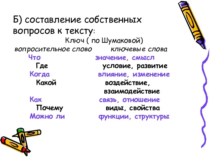 Б) составление собственных вопросов к тексту: Ключ ( по Шумаковой) вопросительное