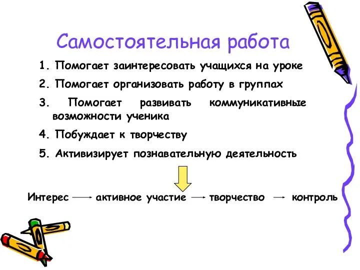 Самостоятельная работа 1. Помогает заинтересовать учащихся на уроке 2. Помогает организовать