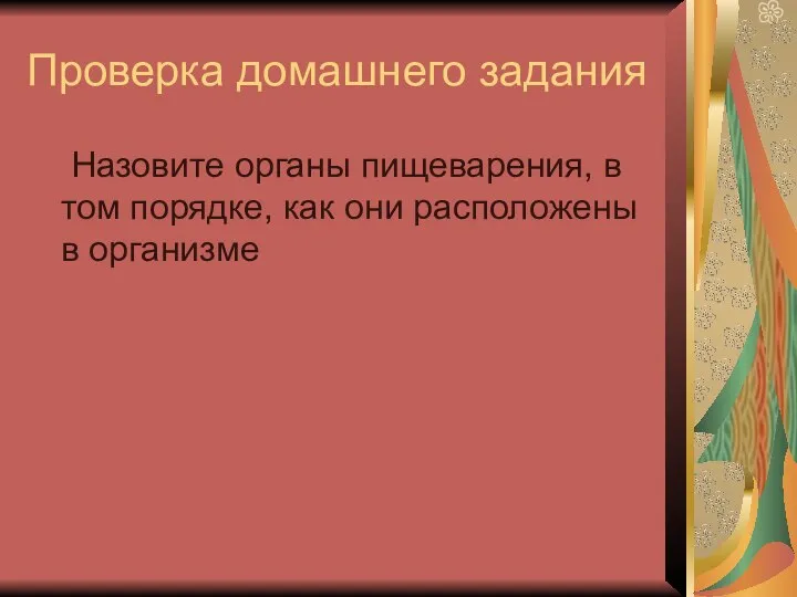 Проверка домашнего задания Назовите органы пищеварения, в том порядке, как они расположены в организме