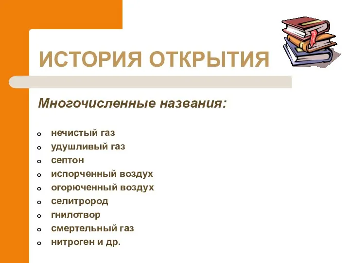 ИСТОРИЯ ОТКРЫТИЯ Многочисленные названия: нечистый газ удушливый газ септон испорченный воздух