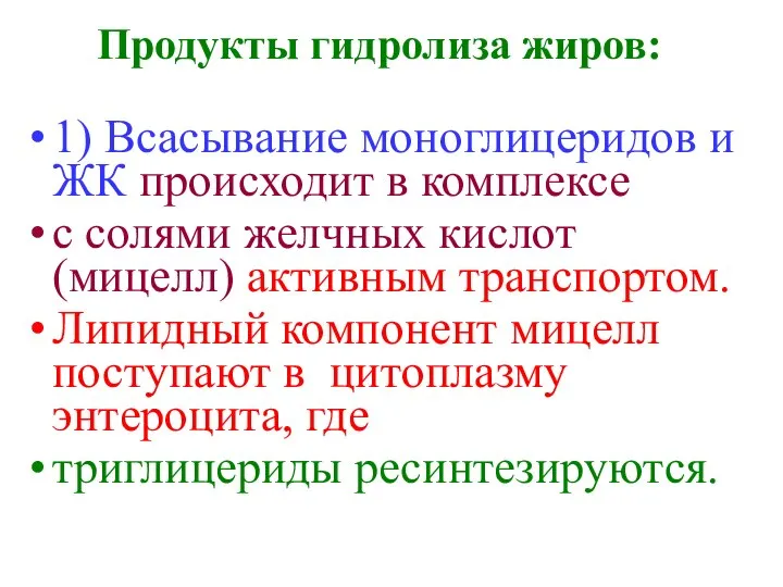 Продукты гидролиза жиров: 1) Всасывание моноглицеридов и ЖК происходит в комплексе