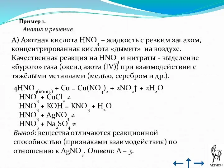 Пример 1. Анализ и решение А) Азотная кислота HNO3 – жидкость