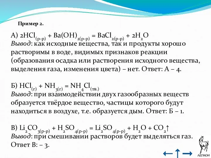 Пример 2. А) 2HCl(р-р) + Ba(OH)2(р-р) = BaCl2(р-р) + 2H2O Вывод: