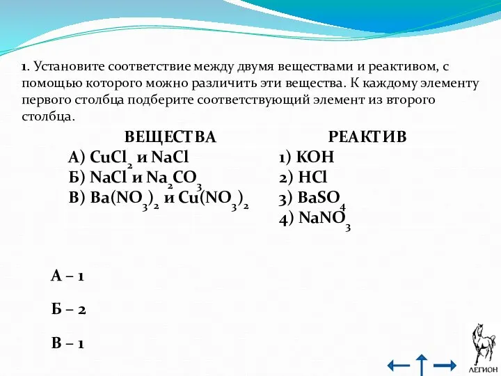 1. Установите соответствие между двумя веществами и реактивом, с помощью которого