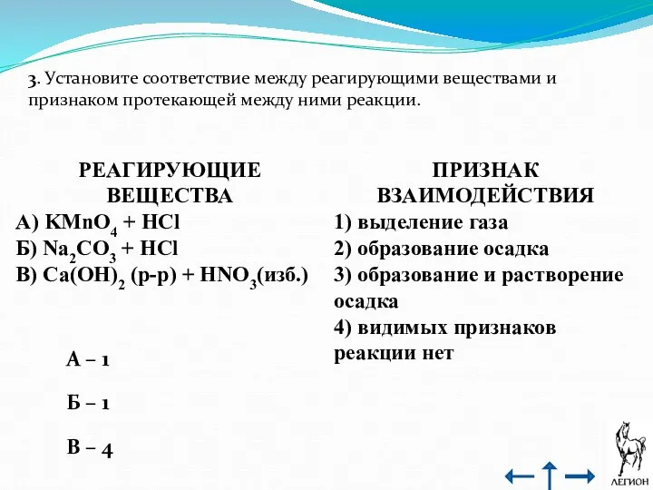 3. Установите соответствие между реагирующими веществами и признаком протекающей между ними