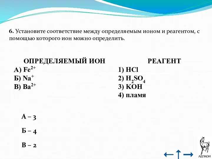 6. Установите соответствие между определяемым ионом и реагентом, с помощью которого