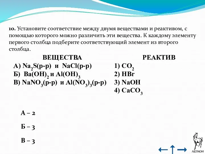 10. Установите соответствие между двумя веществами и реактивом, с помощью которого