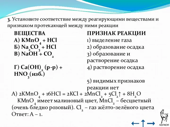 3. Установите соответствие между реагирующими веществами и признаком протекающей между ними