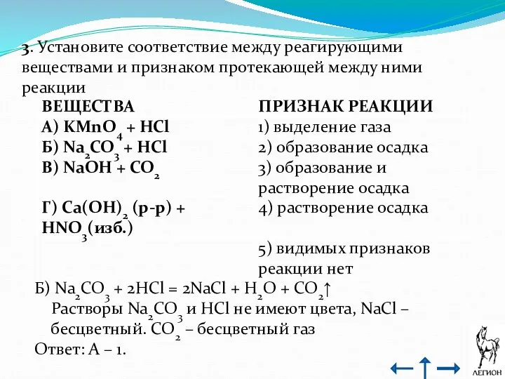 3. Установите соответствие между реагирующими веществами и признаком протекающей между ними