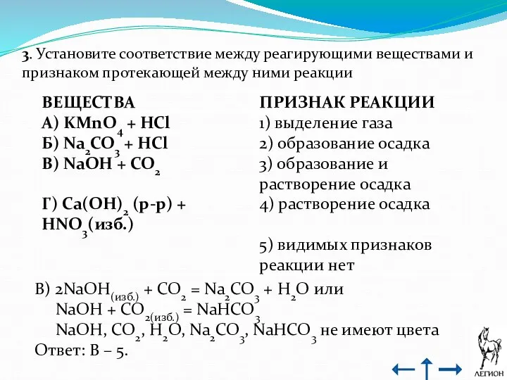 3. Установите соответствие между реагирующими веществами и признаком протекающей между ними