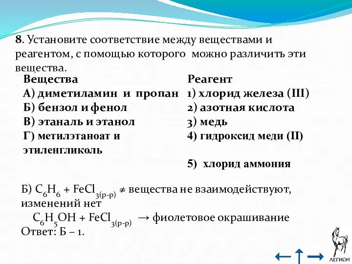 8. Установите соответствие между веществами и реагентом, с помощью которого можно