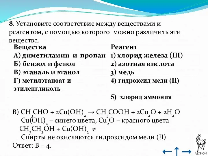 8. Установите соответствие между веществами и реагентом, с помощью которого можно