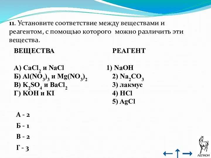 11. Установите соответствие между веществами и реагентом, с помощью которого можно