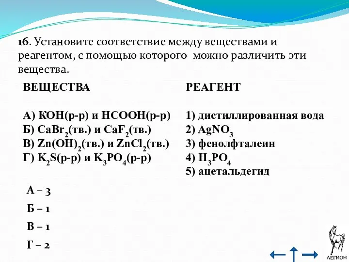 16. Установите соответствие между веществами и реагентом, с помощью которого можно