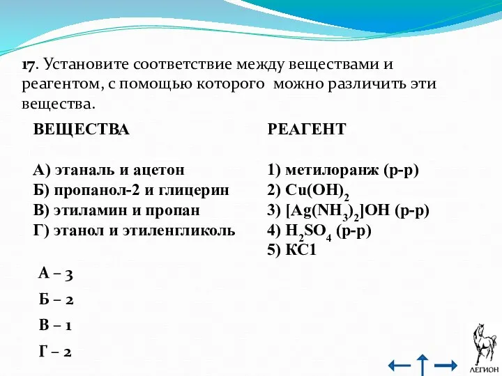 17. Установите соответствие между веществами и реагентом, с помощью которого можно