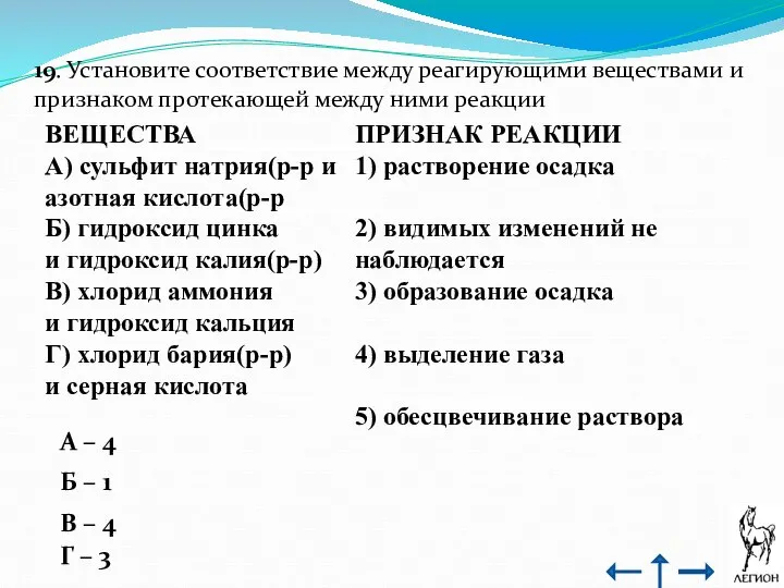 19. Установите соответствие между реагирующими веществами и признаком протекающей между ними