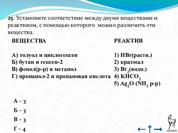 25. Установите соответствие между двумя веществами и реактивом, с помощью которого