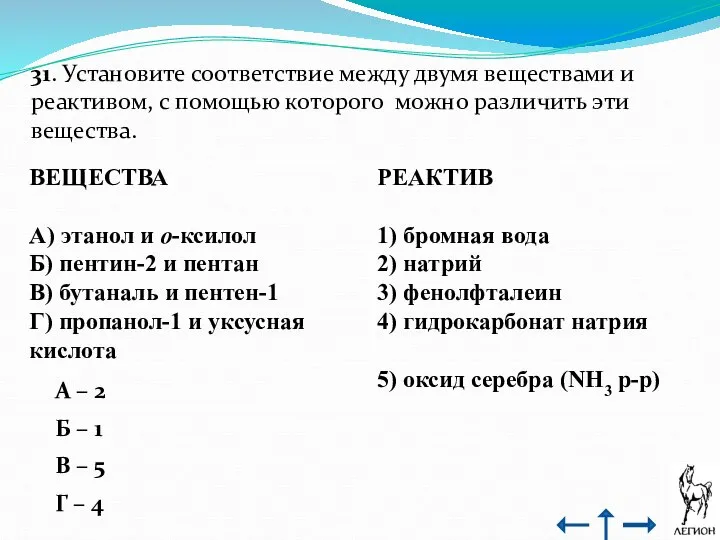 31. Установите соответствие между двумя веществами и реактивом, с помощью которого