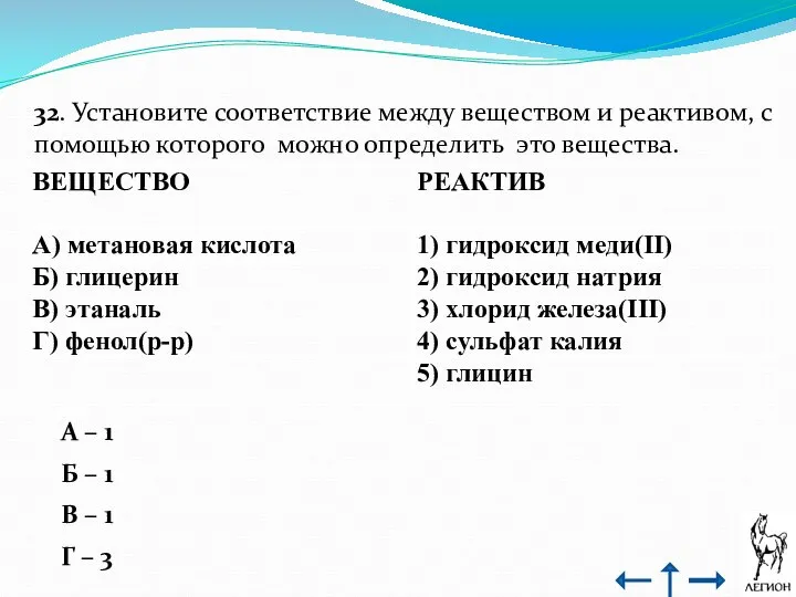 32. Установите соответствие между веществом и реактивом, с помощью которого можно