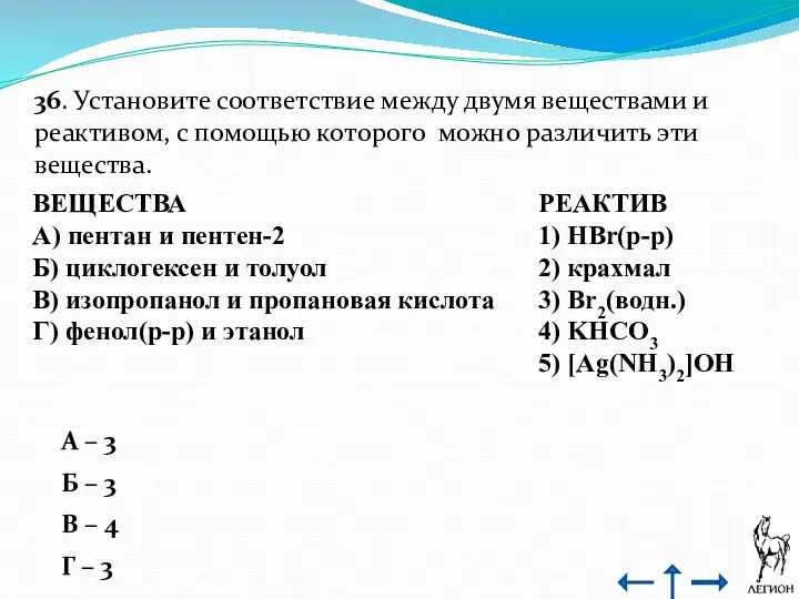 36. Установите соответствие между двумя веществами и реактивом, с помощью которого