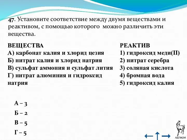 47. Установите соответствие между двумя веществами и реактивом, с помощью которого