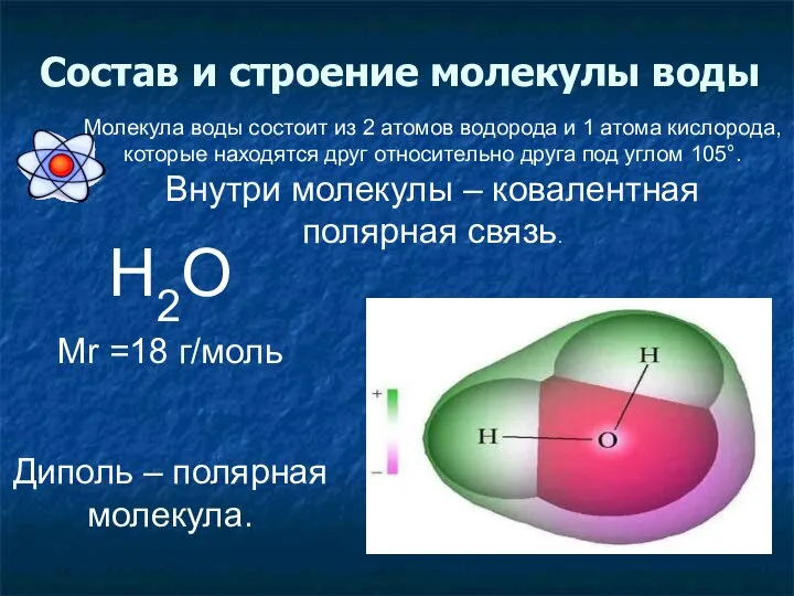 Состав и строение молекулы воды Н2О Mr =18 г/моль Диполь –