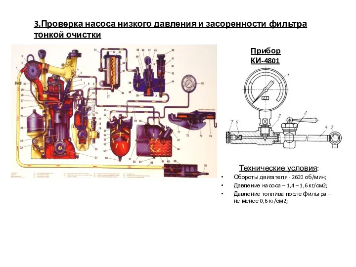 3.Проверка насоса низкого давления и засоренности фильтра тонкой очистки Прибор КИ-4801