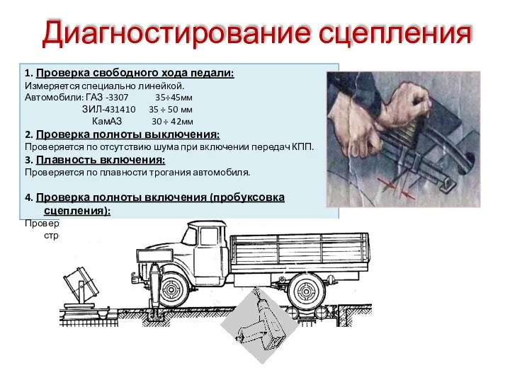 Диагностирование сцепления 1. Проверка свободного хода педали: Измеряется специально линейкой. Автомобили: