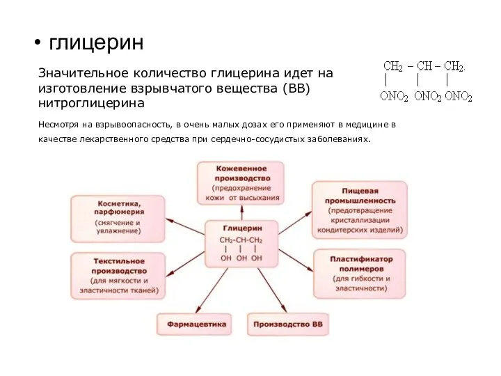 глицерин Значительное количество глицерина идет на изготовление взрывчатого вещества (ВВ) нитроглицерина