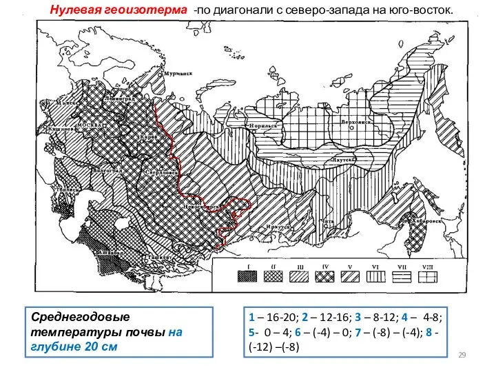 Среднегодовые температуры почвы на глубине 20 см 1 – 16-20; 2