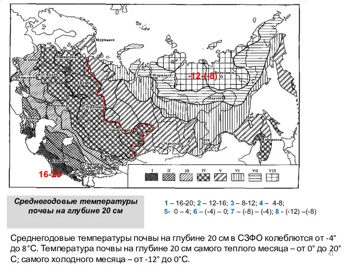 Среднегодовые температуры почвы на глубине 20 см 16-20 -12-(-8) 1 –