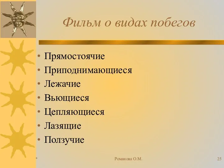 * Романова О.М. Фильм о видах побегов Прямостоячие Приподнимающиеся Лежачие Вьющиеся Цепляющиеся Лазящие Ползучие