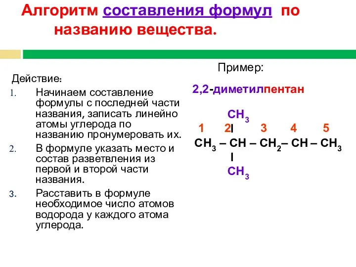 Алгоритм составления формул по названию вещества. Действие: Начинаем составление формулы с