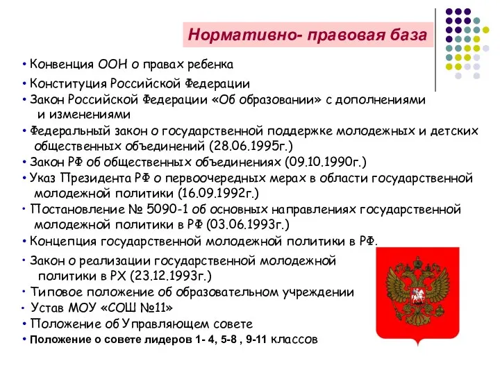 Нормативно- правовая база Конституция Российской Федерации Закон Российской Федерации «Об образовании»