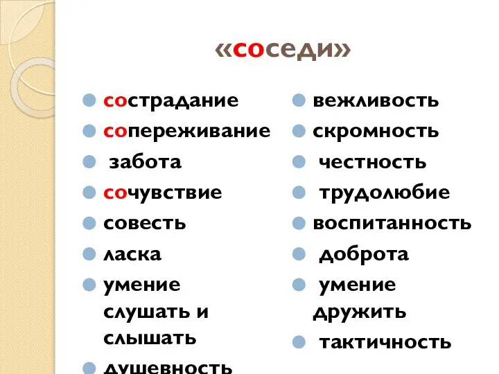 «соседи» сострадание сопереживание забота сочувствие совесть ласка умение слушать и слышать