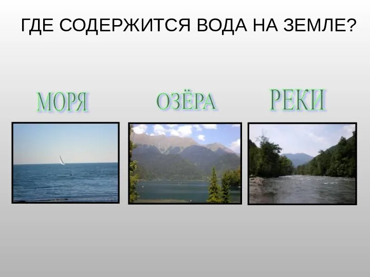 ГДЕ СОДЕРЖИТСЯ ВОДА НА ЗЕМЛЕ? МОРЯ ОЗЁРА РЕКИ