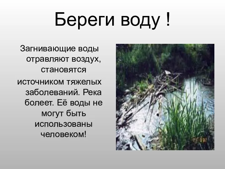 Береги воду ! Загнивающие воды отравляют воздух, становятся источником тяжелых заболеваний.