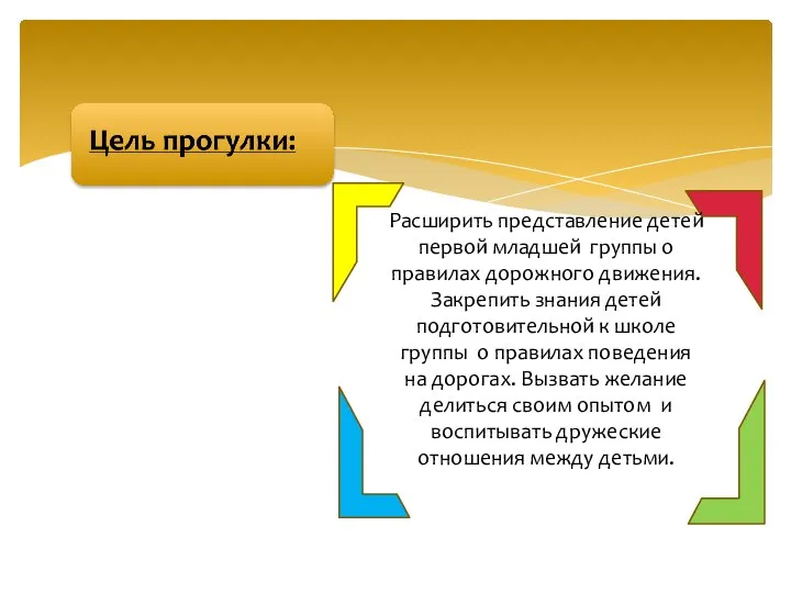 Расширить представление детей первой младшей группы о правилах дорожного движения. Закрепить