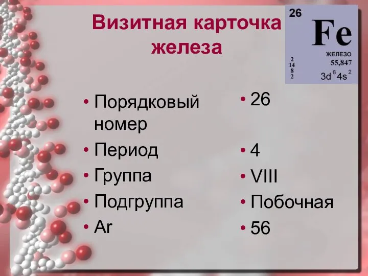 Визитная карточка железа Порядковый номер Период Группа Подгруппа Ar 26 4 VIII Побочная 56