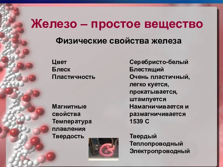 Железо – простое вещество Физические свойства железа Цвет Блеск Пластичность Магнитные