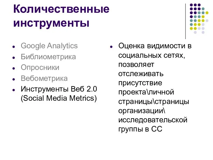 Оценка видимости в социальных сетях, позволяет отслеживать присутствие проекта\личной страницы\страницы организации\